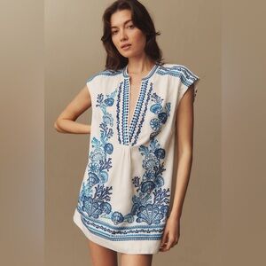 Maeve Anthropologie Embroidered Linen Tunic Dress White Blue Seashell